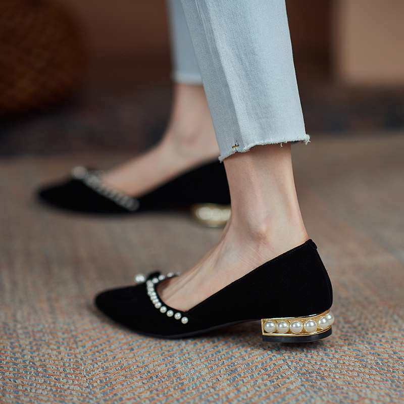 GANAIER niche design French pearl heel pointed bag shoes leather flat shoes sweet shallow mouth women's shoes
