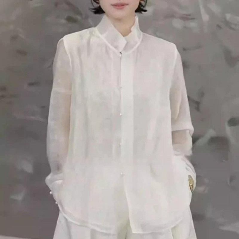 New Chinese Style Stand-Up Collar Loose Long-Sleeved Shirt for Women, High-End, Versatile, Slimming Spring Top New Chinese Style Stand-Up Collar Loose Long-Sleeved Shirt for Women, High-End, Versatile, Slimming Spring Top