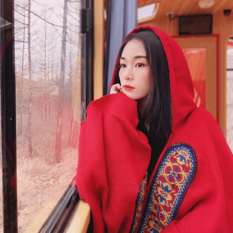 Desert Qinghai Tibet Tourism Ethnic Style Shawl Hooded Cloak Scarf Women Thickened Warm Air Conditioning Cloak in Autumn and Winter