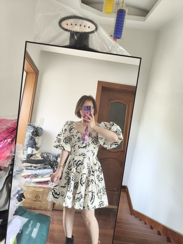 Special Export Order American Sofie the Label White Cotton Black Rose Puff Sleeve Dress