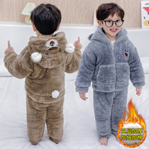 Childrens pyjamas winter thickened with three layers of clip cotton boy Home Clothing Winter Plus Suede Boy Baby Flannel Suit