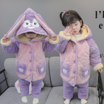 Baby Sleepwear Winter Thickened Outwear Childrens Home Clothing Winter Triple Pinch Cotton Girl Flannel Suede Suit Princess