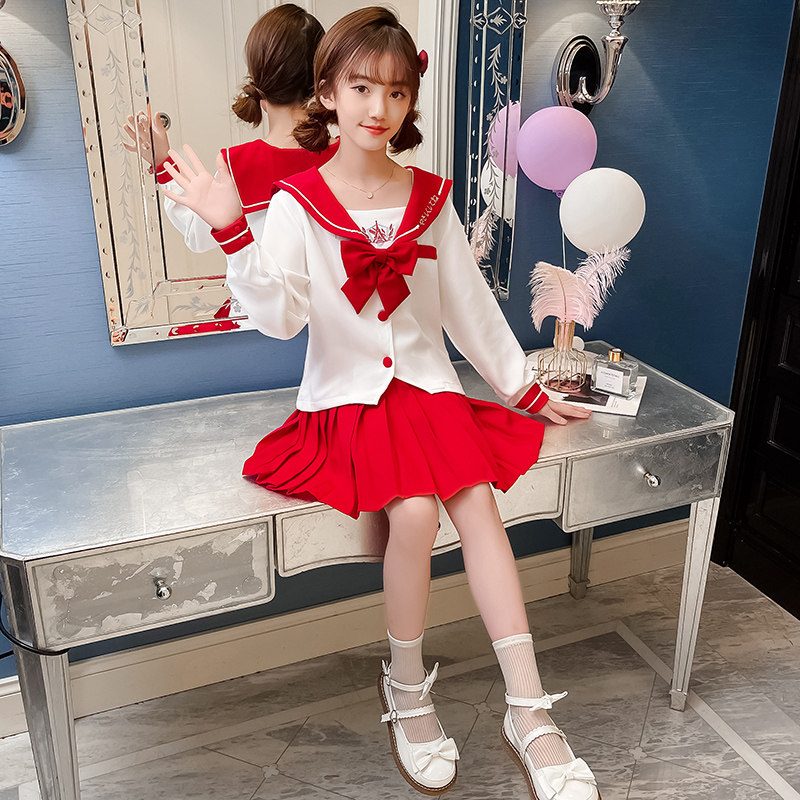 jk suit girl's genuine long sleeve sailor clothes children spring autumn college wind two sets elementary school students uniforms thyme dress