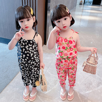 Girl Net Red Suit Summer Short Sleeve Baby Broken Flower Harnesses two sets of Korean version Children Summer clothes Yangqi Trendy