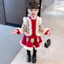 Hanfu girls winter clothing Chinese wind plus suede suit children Baiyenwear womens winter thickened Chinese New Year festive baby Tang dress
