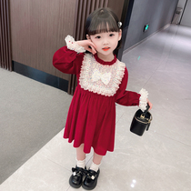 Girl red one-piece dress spring autumn 2022 new childrens spring dress skirt Yangqi female baby princess trendy