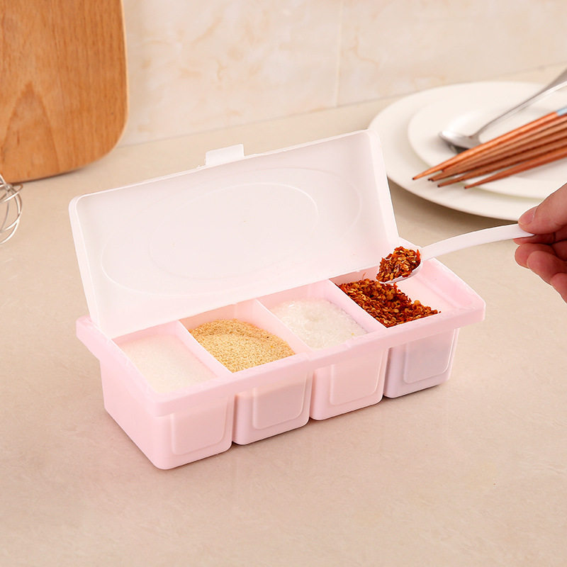 Household kitchen split format seasoning box household minimalist plastic four-grid seasoning box with lid seasoning split box