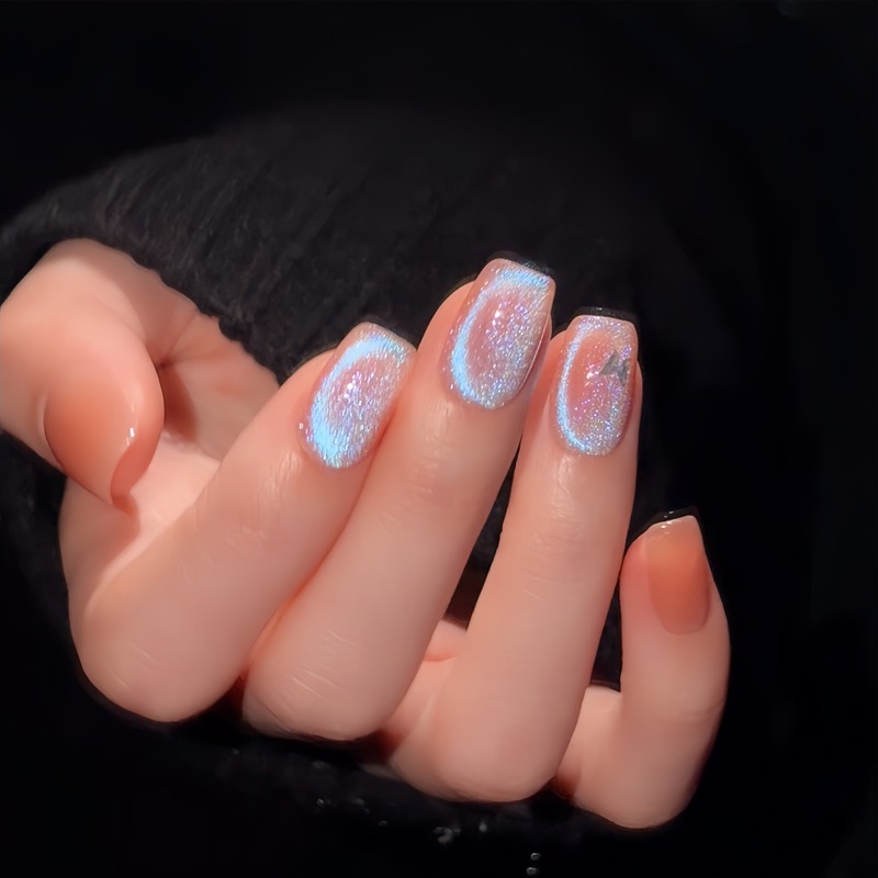 【Aurora Sea】Handmade Wearable Nail Blush Gradient Blue Cat Eye Dreamy Whitening Nail Art Patch Short Style