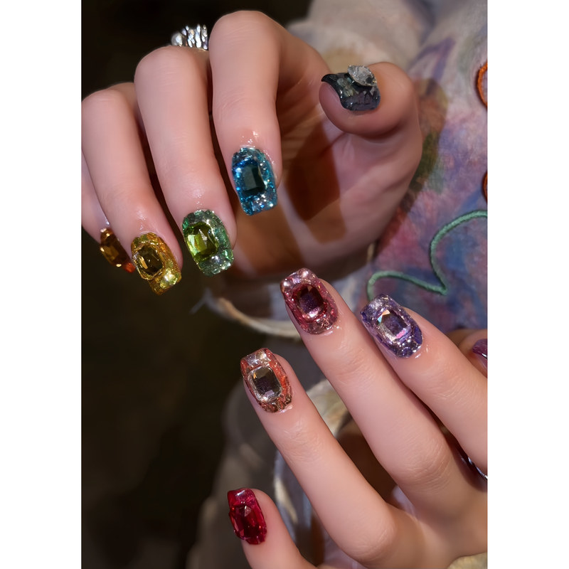 【Rainbow Gems】Handmade Wearable Nails Ten Colors Sparkling Diamond Candy Color Explosive Glitter Brightening Manicure