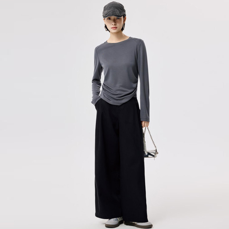 [Chao] Pleated Design Slimming Solid Color Versatile Long-Sleeve Base T-Shirt, Genuine Brand from Shopping Mall, 26 Spring Women's Top