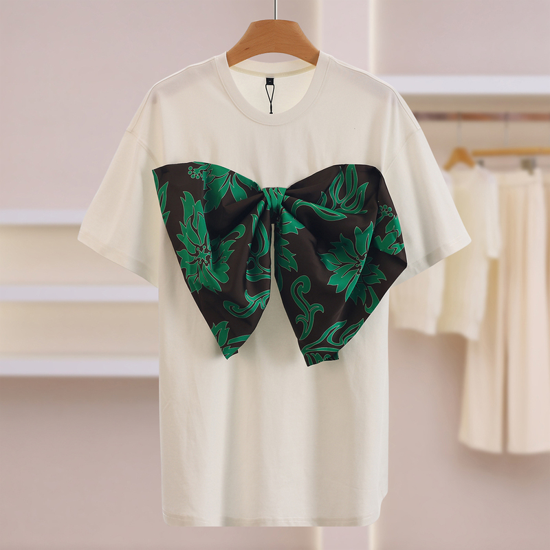 Counter 699【Lai】Three-Dimensional Printed Bow-Decorated Round-Neck Short-Sleeve T-Shirt, Mall Brand, 26 Autumn Women's Clothing Counter 699【Lai】Three-Dimensional Printed Bow-Decorated Round-Neck Short-Sleeve T-Shirt, Mall Brand, 26 Autumn Women's Clothing