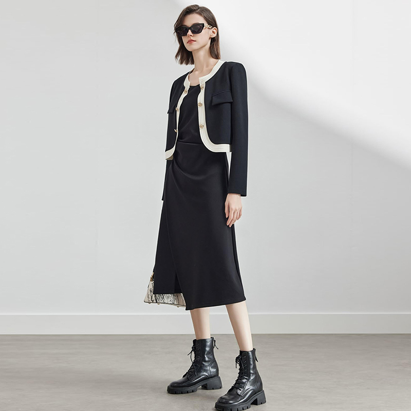 1299【Mo】Color-Blocked Decorative Buckle Short Jacket with Pleated Waist-Cinching Vest Dress Two-Piece Set 26 Spring Dress for Women