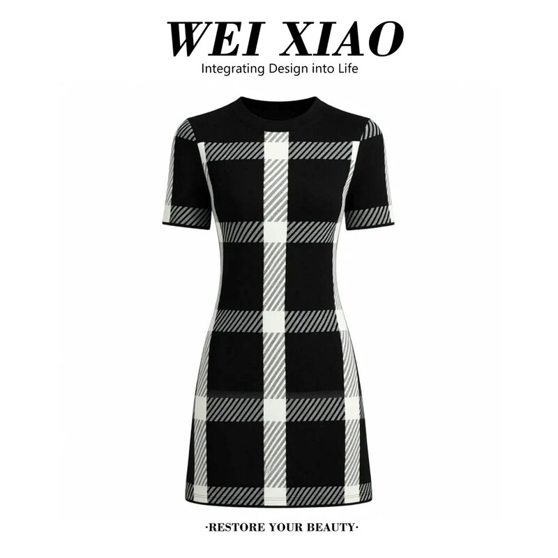 Elegant Plaid Round-Neck Short-Sleeve Dress 2026 Summer New Style High-End Chic Waist-Cinching Slimming Short Dress