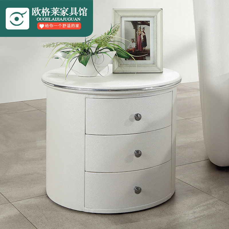 Mini leather bedside table European style storage cabinet bedroom side cabinet round storage drawer cabinet simple fashion round bedside table