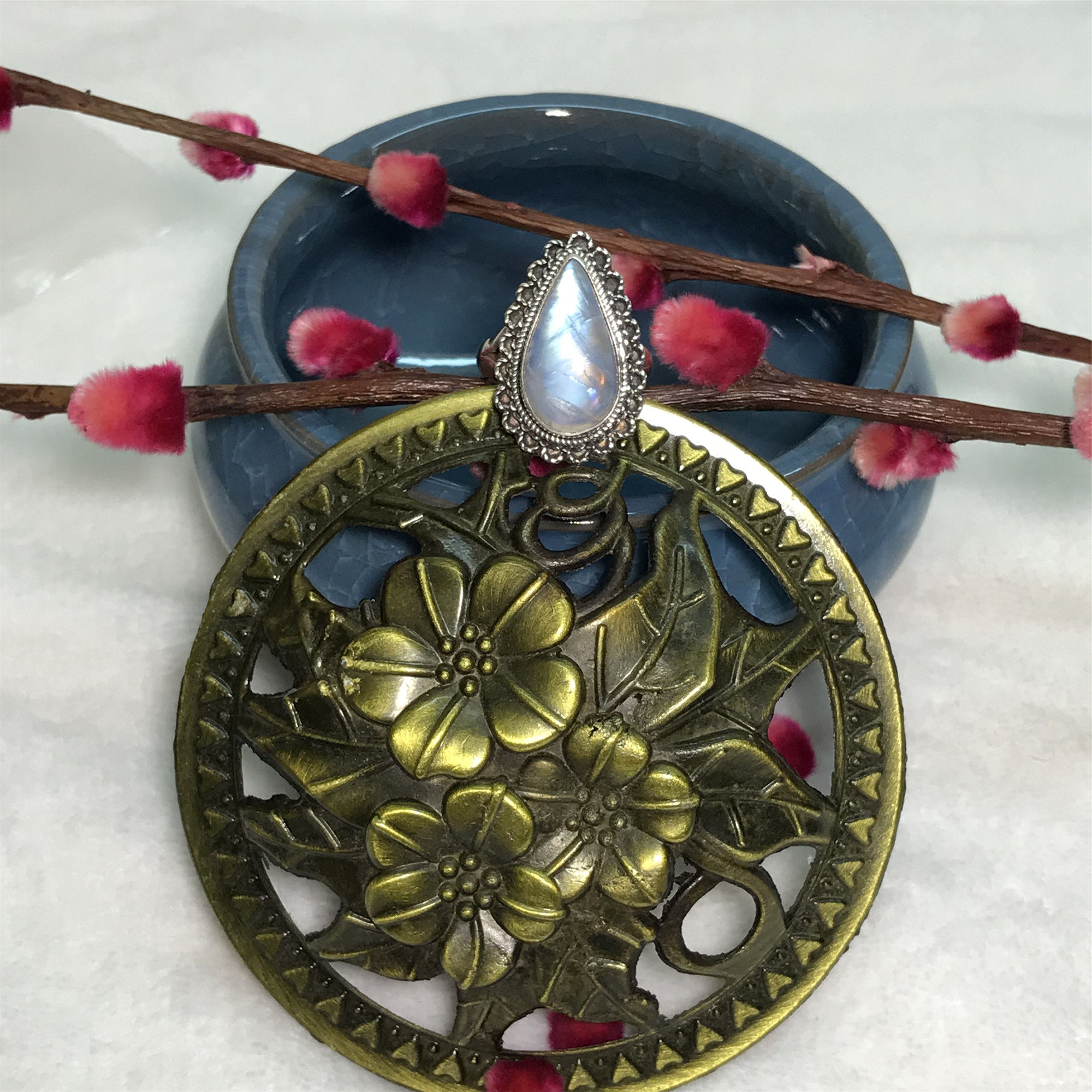 (soloni) Nepal pure handmade inlay 925 silver natural color jewel moonstone pendant ring Living mouth