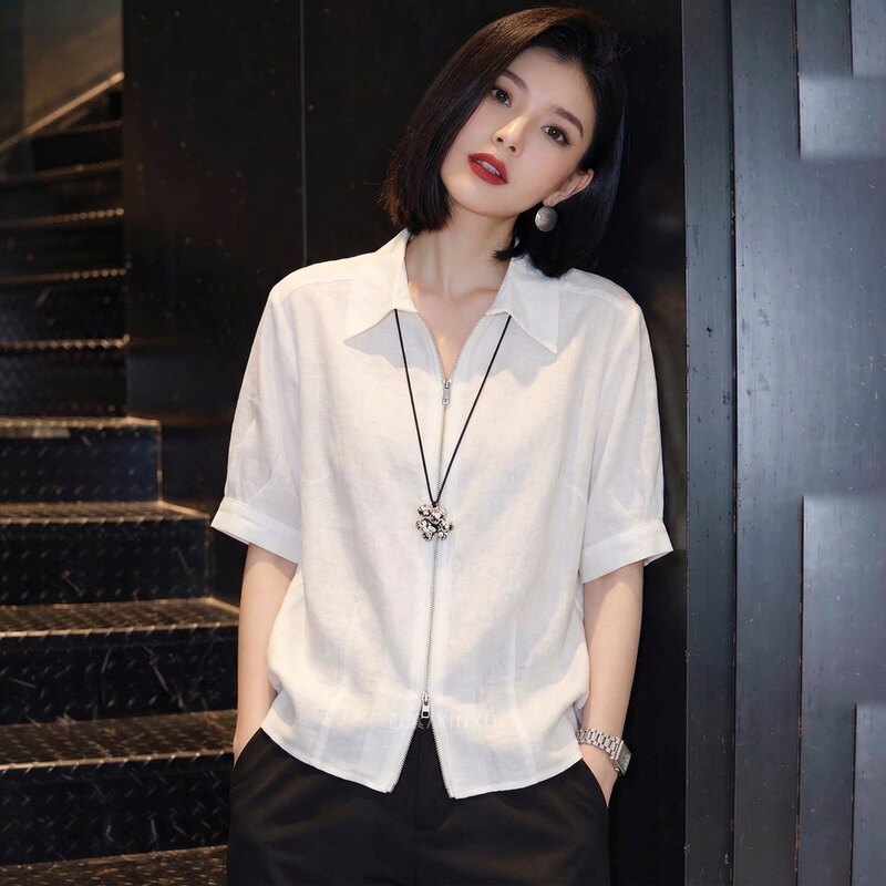 Authentic Women's Clothing from Gejia, 2026 Summer New Style, Loose Fit, Light Luxury Style, White Short-Sleeve Shirt with Zipper and Turn-Down Collar for Women