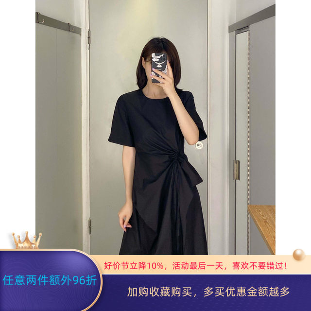 Minimalist cos style black pleated drawstring waist simple short-sleeved A-line dress comfortable 23 summer new women's clothing