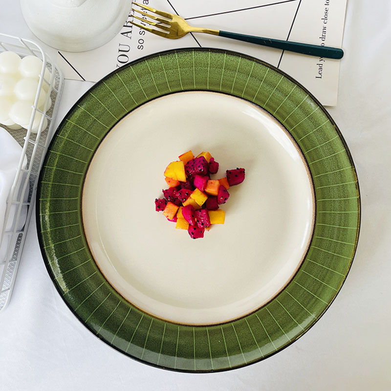 Southeast Asian Green Retro Large Plate Dish Home-Use Plate Steak Western-Style Plate Commercial Ceramic Plate with Minor Flaws