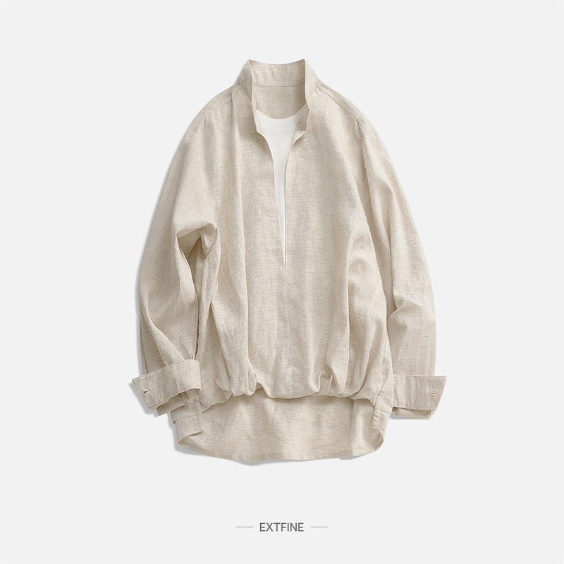 Extfine Japanese-Style Stand-Up Collar Linen Fake Two-Piece Shirt for Men, Spring Loose Breathable Casual Shirt with a High-End Feel