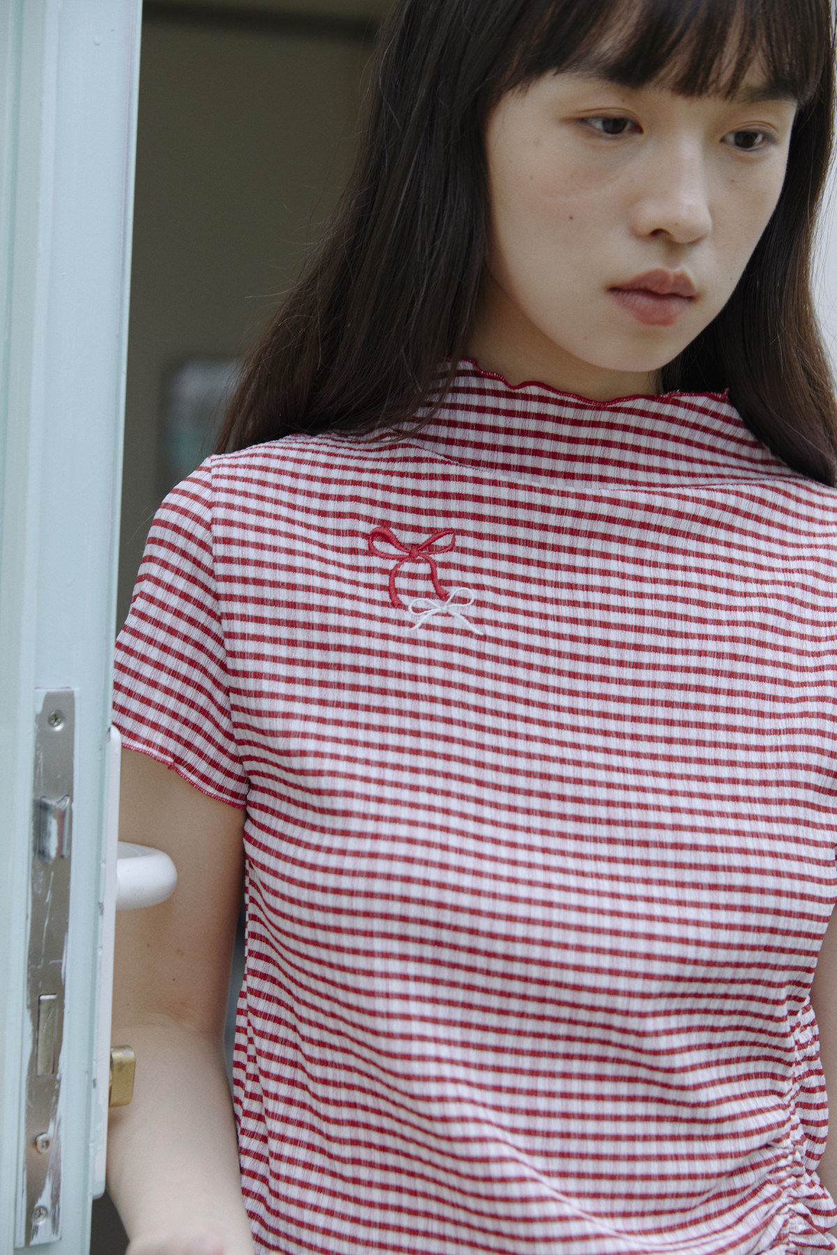 odd maker チェック柄シャーリングフリル半袖Tシャツ レディース 
