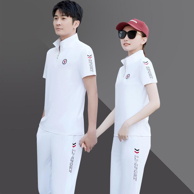 Ice Silk Sports Suit Men's Summer Two-Piece Set Korean Style Unisex Couple Sportswear Short-Sleeved Long Pants Running Suit Women Ice Silk Sports Suit Men's Summer Two-Piece Set Korean Style Unisex Couple Sportswear Short-Sleeved Long Pants Running Suit Women