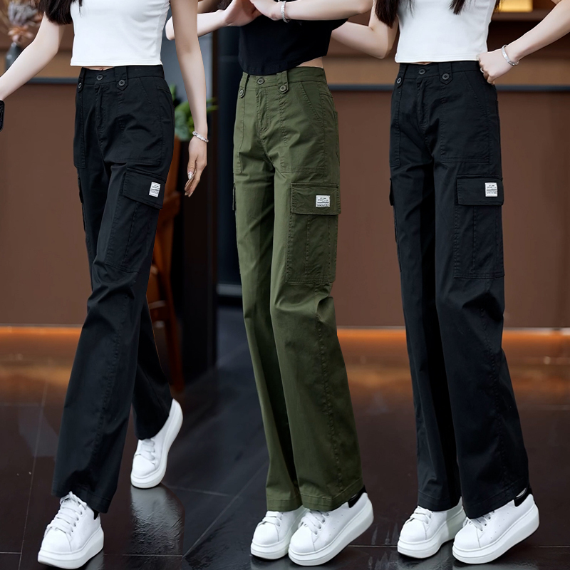 Authentic Pure Cotton Cargo Pants for Women, Sports Casual Pants with Lettering, High-Waisted, Loose-Fitting, Versatile, Straight-Leg Pants for Spring and Autumn, Breathable