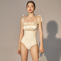 Roca Arts new French style retro fairy Fan conservative South Koreas Lean Belly Spa Holiday Conjoined Swimsuit Woman