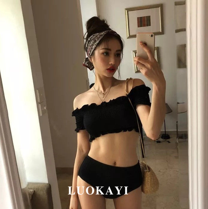 South Korea's new black word shoulder sexy size chest cover belly thin bikini beach vacation two-piece swimsuit women
