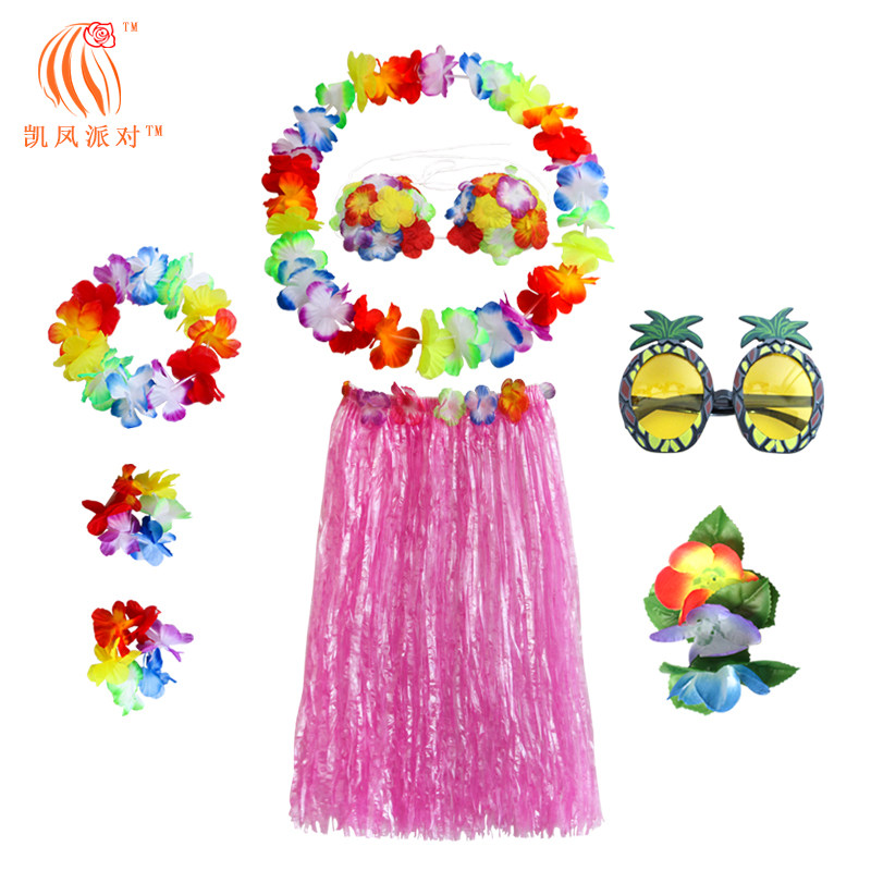 Manufacturer Direct beach Hawaii Grass Skirt Dancing Clothing glasses hair clip Flower ring Eight sets of combination Costume Balls New