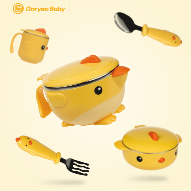 Korean children's tableware baby stainless steel anti-fall bowl sucker bowl non-staple food bowl spoon set baby tableware spoon
