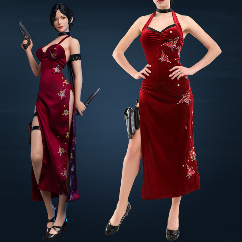 Resident Evil Ada Wong Cosplay Costume Slit Cheongsam Sexy Suspender Agent Cosplay Outfit Red Dress