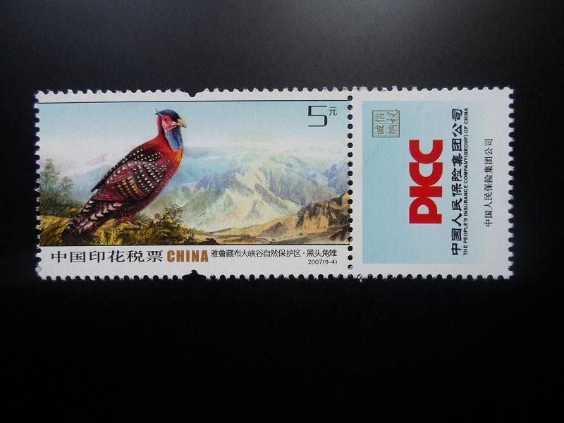 2007 Nature Conservation Animal Black-headed Horned Pheasant Stamp Duty Ticket 5 yuan New Ticket