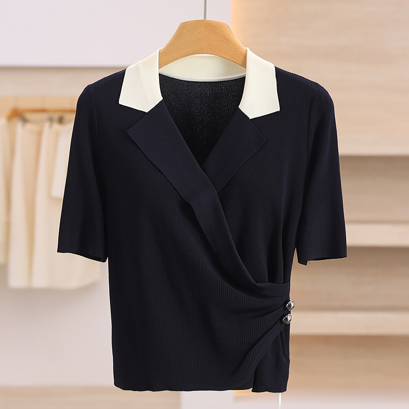 【Nai】Color-Blocked Turn-Down Collar Ruched Slim-Fit Comfortable Breathable Sweater 26 Summer Fashion Mall Exclusive Women's Model
