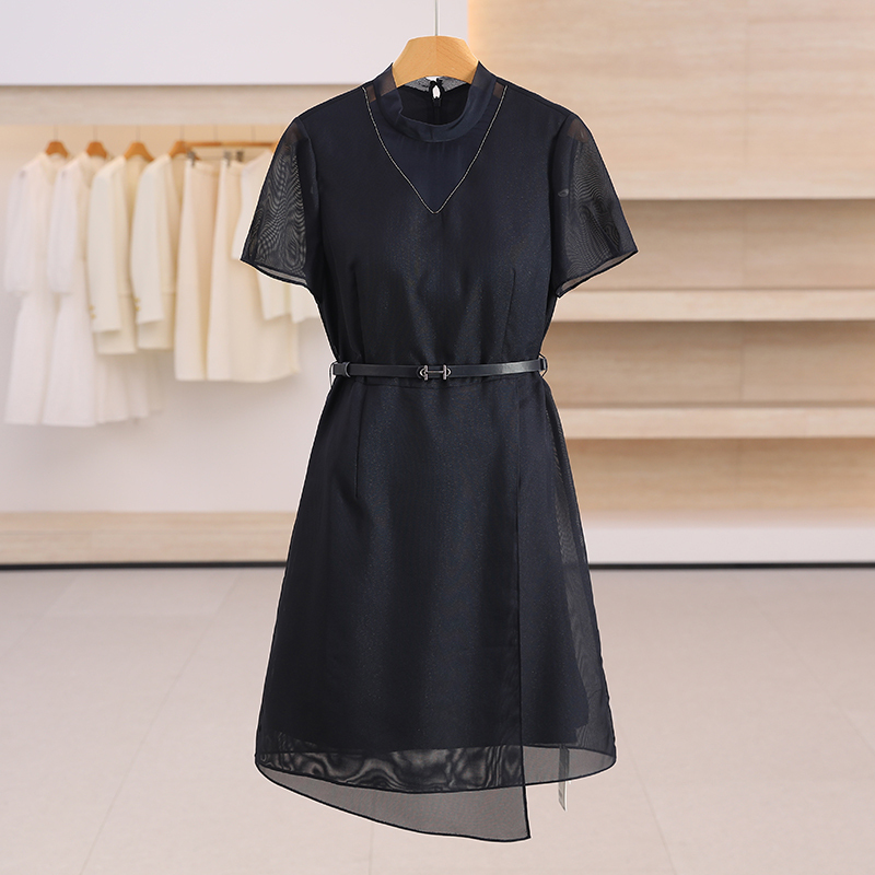 Special Offer 2480【Card】Sheer Design Stand Collar Tulle Dress with Belt 26 Summer Chui Shi Shang Brand Clearance Women's Dress