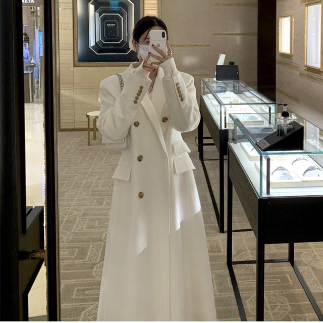 白色冬季新款韩版毛呢外套女超长款到脚踝显瘦加厚赫本风加厚大衣