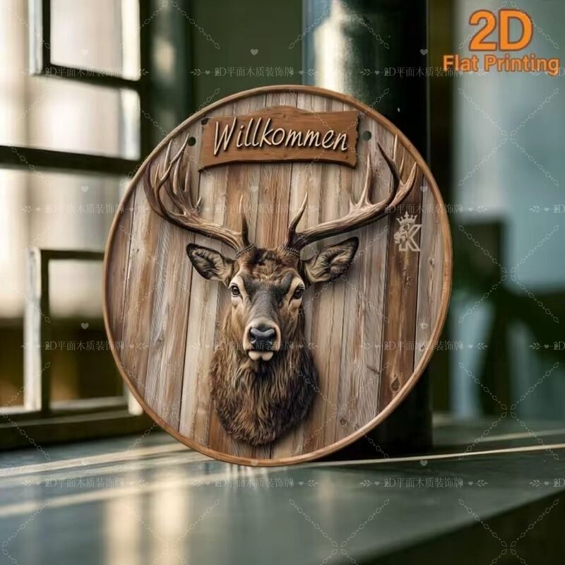 Deer Head Design Rustic Front Door Decoration Round Welcome Wooden Sign Wooden Hanging Door Sign Wooden Product