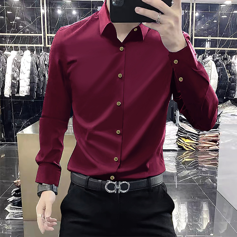 Light Luxury and High-End Feel, Anger Red Wrinkle-Free, Anti-Wrinkle, Stretchy Long-Sleeve Shirt for Men, Slim Fit, Business Casual, Seamless Shirt, Trendy