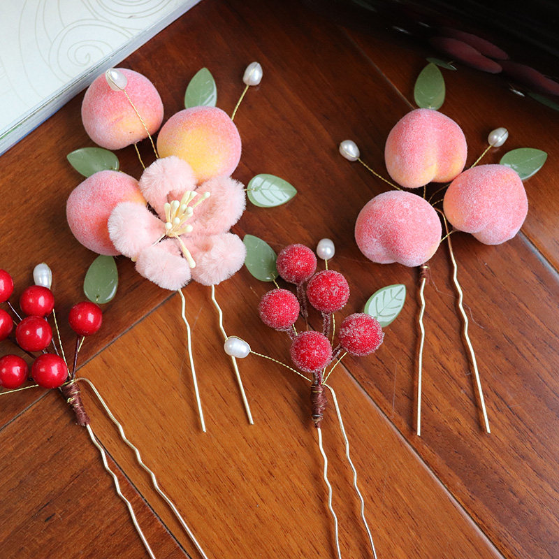 Hanfu Original flower Hairpin Photo Gallery Photo Hair accessories Imitation Suede Flower Little Peach Berry Berries Hair with Ancient Wind Headwear