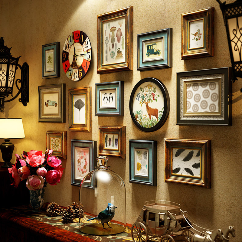 Small Decorative Paintings on the Background Wall, Solid Wood American-Style Photo Wall, European-Style Picture Frames, Dining Room, Living Room, Antique Entrance Hall Combination Paintings