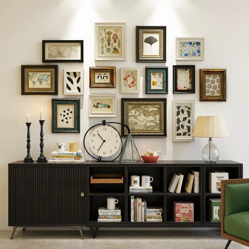 Solid Wood American-Style Creative Photo Wall, Modern Minimalist Living Room Picture Frame Wall, European-Style Entrance Combination Painting, No-Drill Wall Hanging