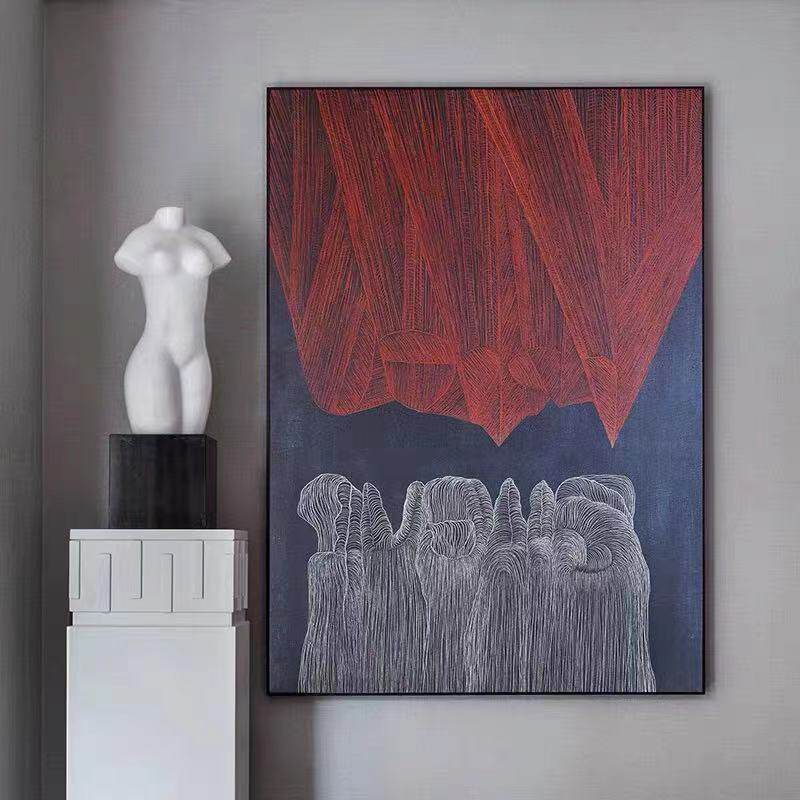 Pure hand-painted oil painting modern light luxury abstract porch restaurant living room three-dimensional blue and red decorative painting corridor Chinese hanging painting