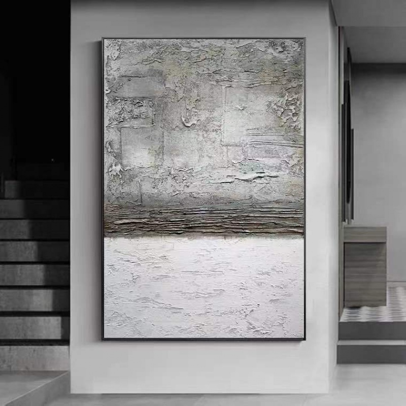 Hand-painted oil painting landing light luxury porch sofa black and white gray thick texture decorative painting abstract wabi sabi hanging painting large size