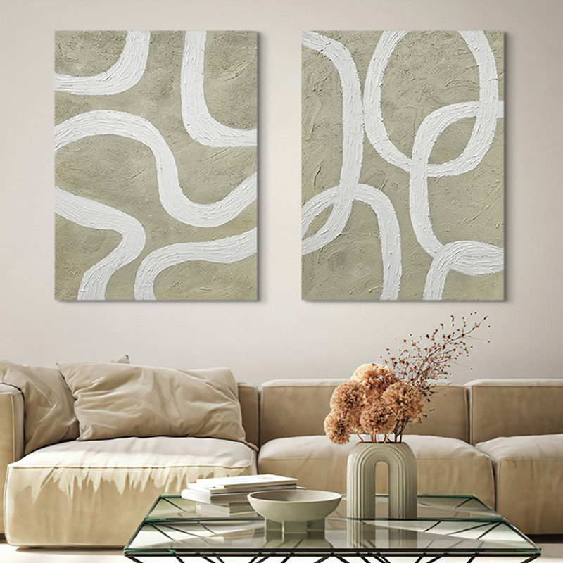 Blue gray abstract line hand-painted oil painting abject poverty style sofa large hanging painting porch living room simple double decorative painting - Taobao