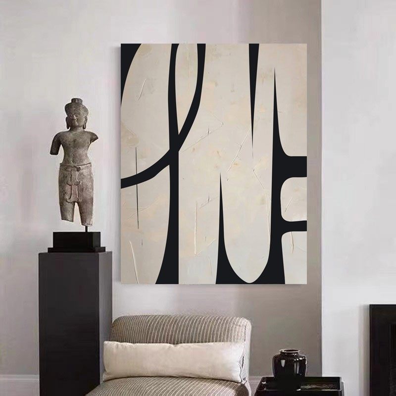 Hand-painted oil painting wabi-sabi abstract black and white lines modern Nordic light luxury living room sofa model room decorative painting