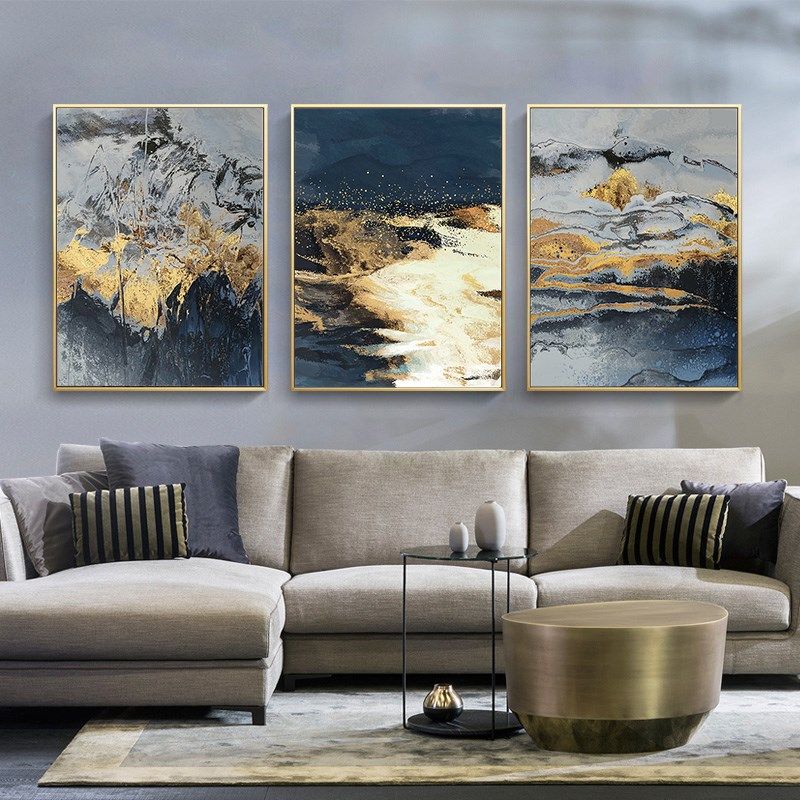 Modern living room mountain hanging painting triptych black and white gold leaf abstract oil painting hand-painted light luxury sofa background wall decoration painting