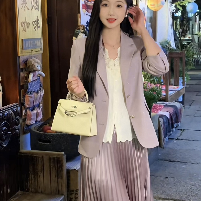 Starry Sky Shimmering Pink Blazer for Women 2025 Spring and Autumn Petite Lady Sakura Style Shimmering Elegant Suit