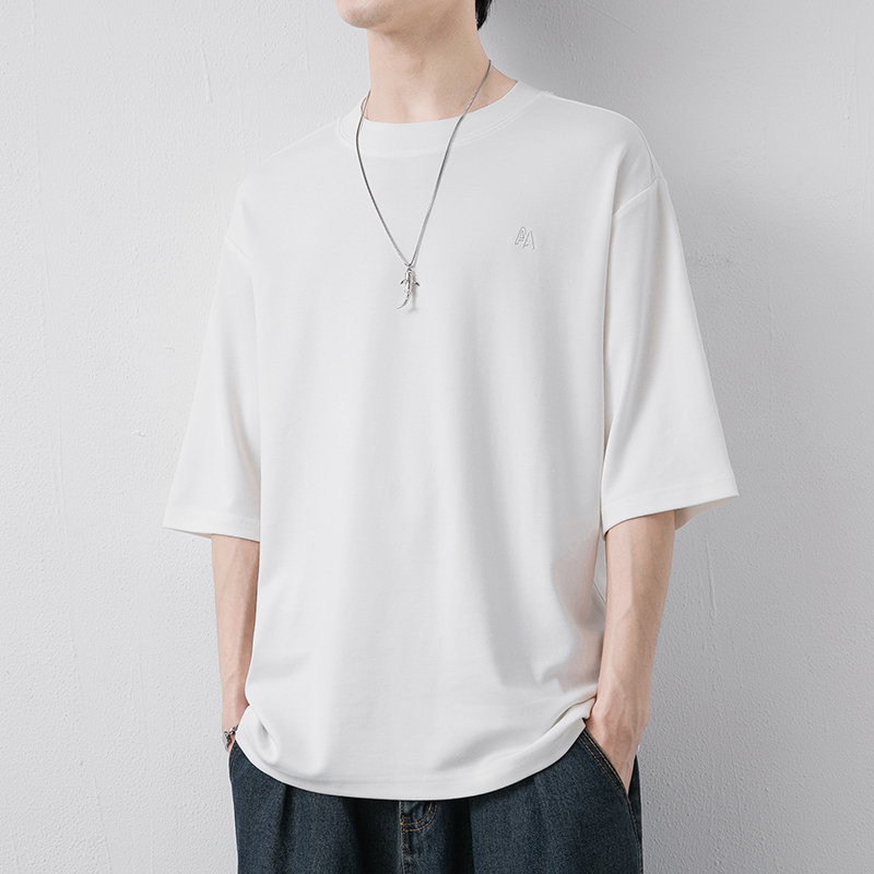 2025 Summer Solid Color Hong Kong Style Five-Quarter Sleeve Mid-Sleeve Short-Sleeve T-Shirt for Men, Three-Quarter Sleeve Heavyweight Loose Fit Japanese and Korean Style Trendy
