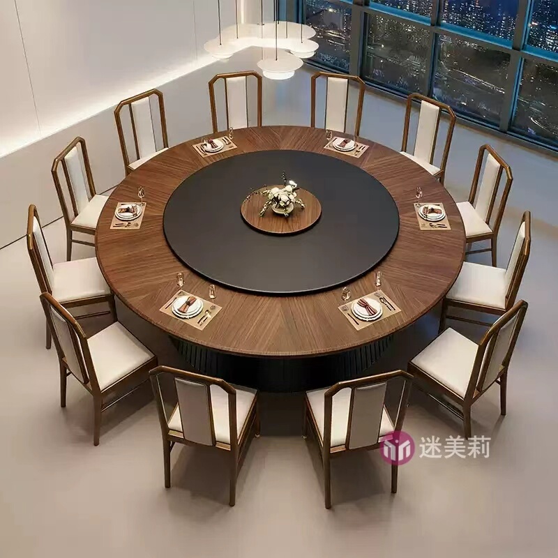 Hotel Dining Table Large Round Table New Chinese Style 20-Person Electric Round Table Slate Board Club 15-Person Chair Private Room Hot Pot Table Restaurant