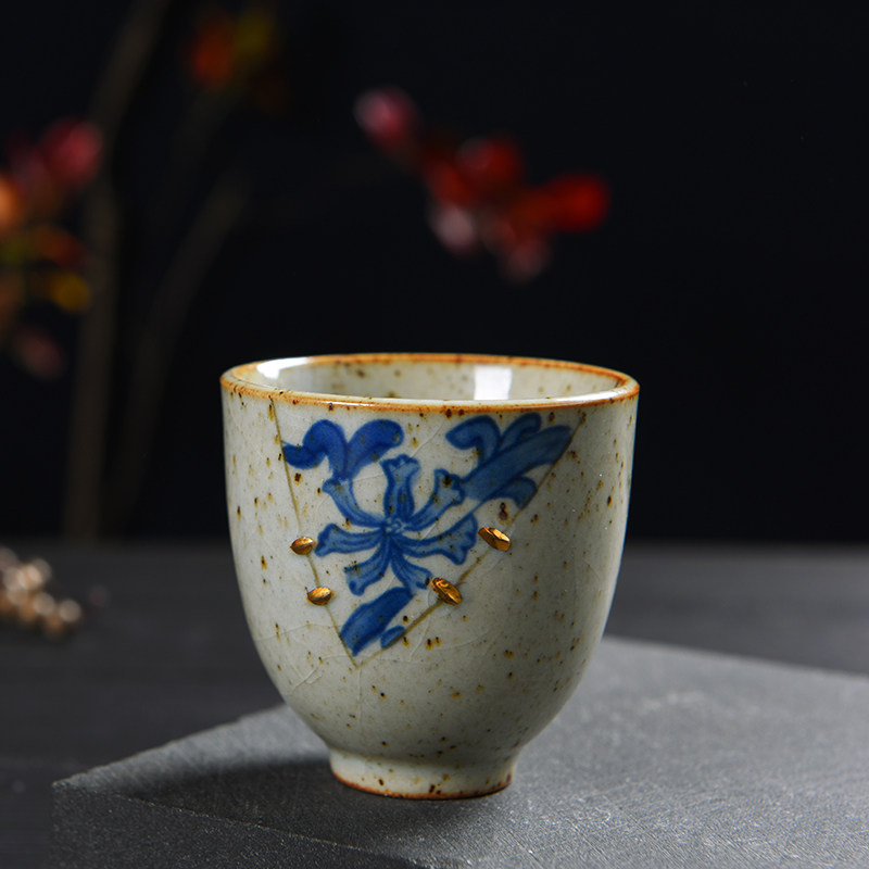 Retro rough pottery tea cup Japanese-style ceramic tea cup blue and white personal cup Pu'er single cup antique large tea bowl tea cup