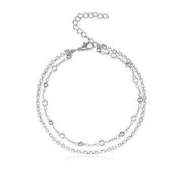 European and American Cross-Border Jewelry Pearl Double-Layer Bead Chain Alloy Anklet for Women Fashionable Handmade Diamond-Encrusted Beach Anklet Foot Jewelry